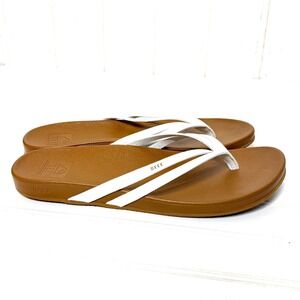 Reef Cushion Slim Flip Flops Womens 10 Tan White Vegan Leather Sandals